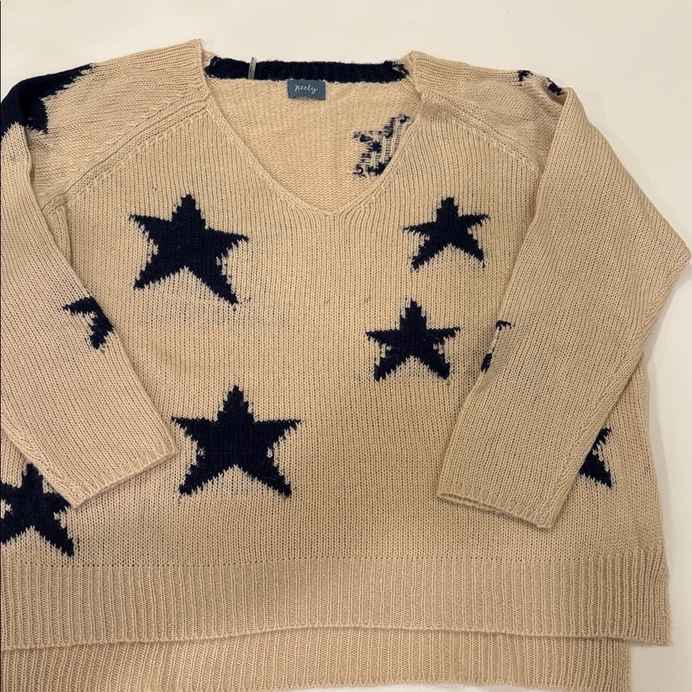 Joules Beige and Navy Star V-Neck Sweater